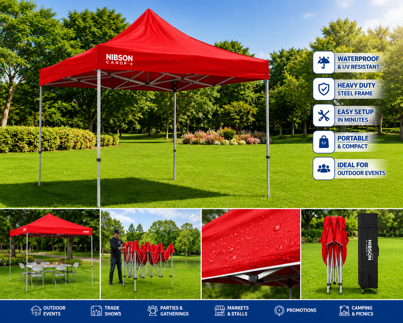 Explore the Nibson Waterproof Gazebo Tent/Canopy, perfect for any outdoor space. Features waterproof fabric, adjustable side walls, and a durable frame. Ideal for gardens and terraces.