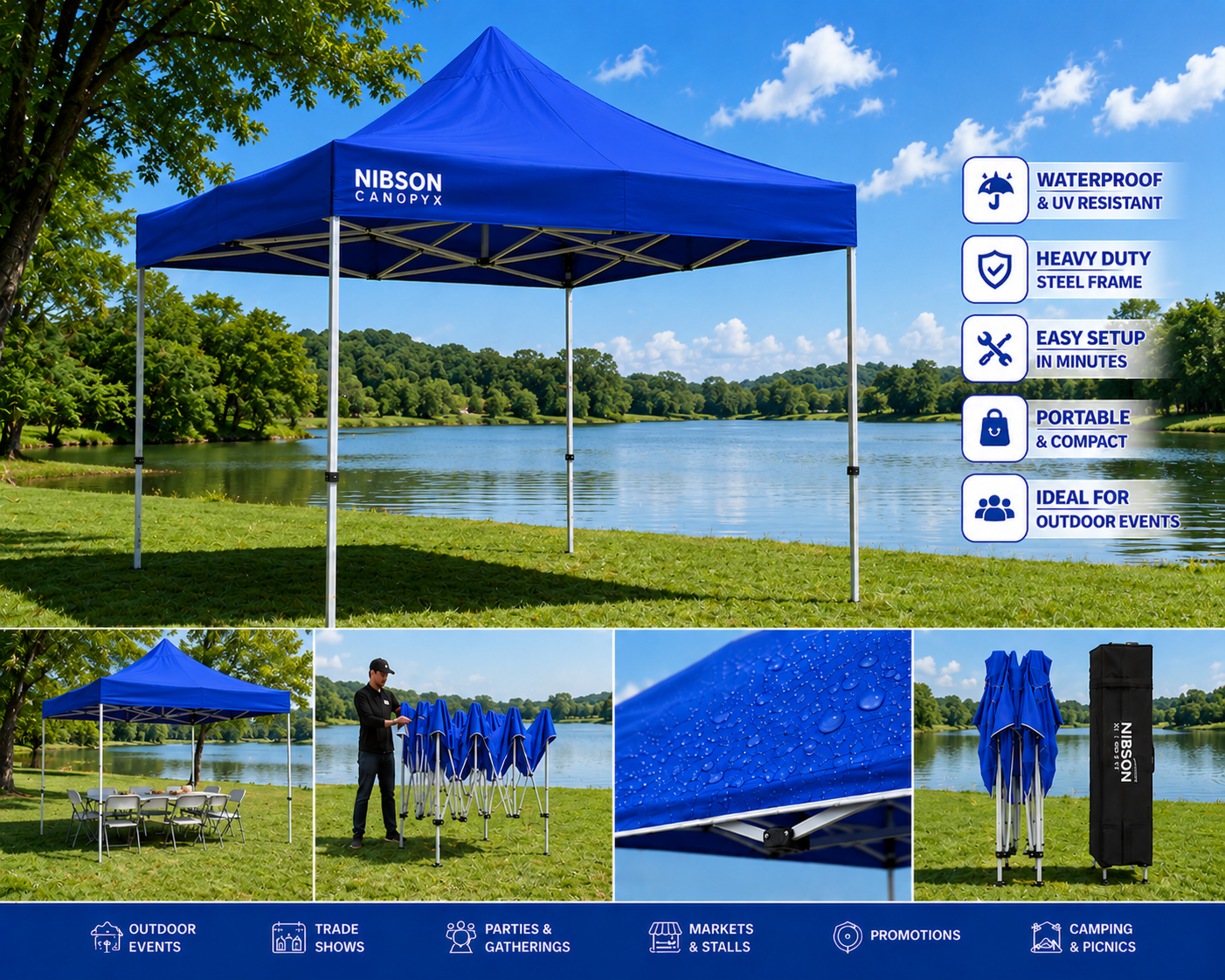 Explore the Nibson Waterproof Gazebo Tent/Canopy, perfect for any outdoor space. Features waterproof fabric, adjustable side walls, and a durable frame. Ideal for gardens and terraces.