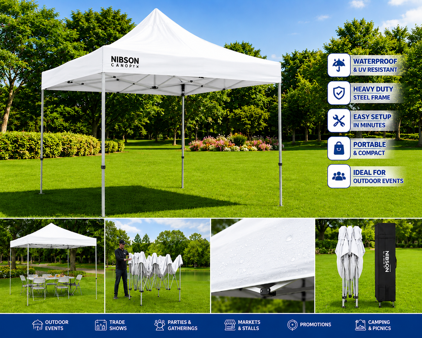 Explore the Nibson Waterproof Gazebo Tent/Canopy, perfect for any outdoor space. Features waterproof fabric, adjustable side walls, and a durable frame. Ideal for gardens and terraces.