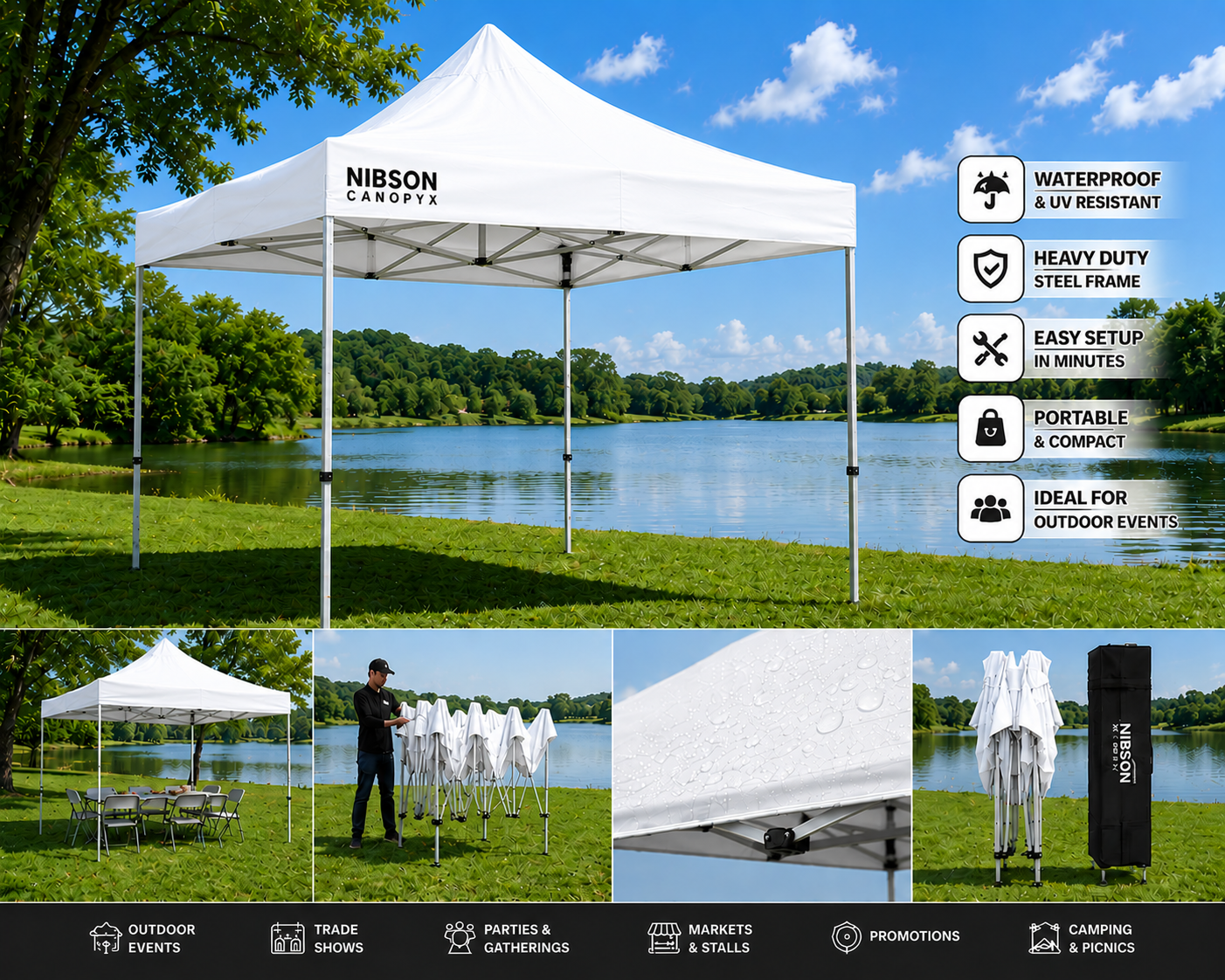 Explore the Nibson Waterproof Gazebo Tent/Canopy, perfect for any outdoor space. Features waterproof fabric, adjustable side walls, and a durable frame. Ideal for gardens and terraces.